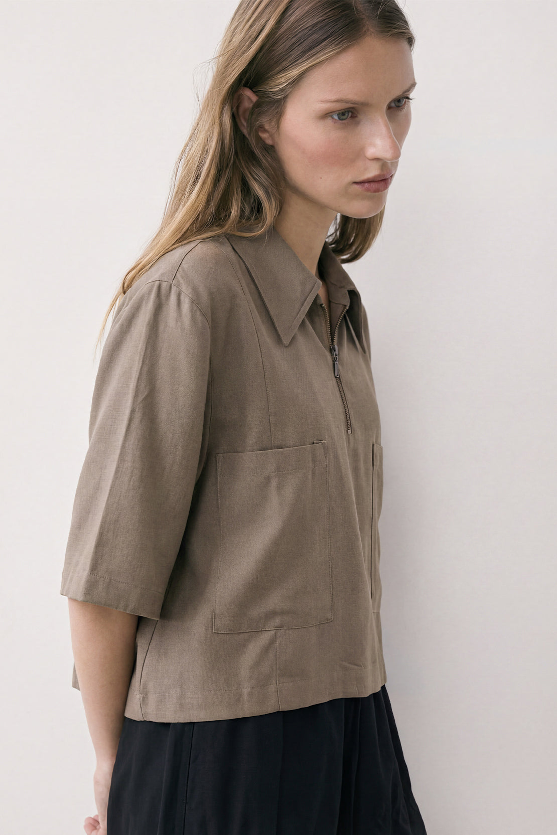KOKO Pure-Ease Relaxed Zip Woven Shirt – Denim Blue & Brown