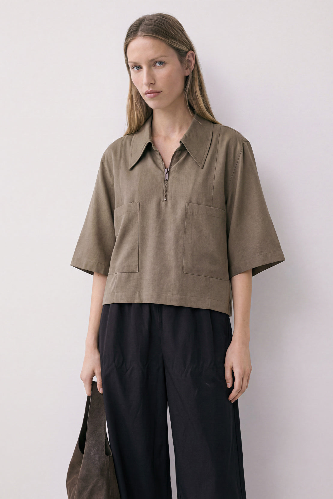 KOKO Pure-Ease Relaxed Zip Woven Shirt – Denim Blue & Brown
