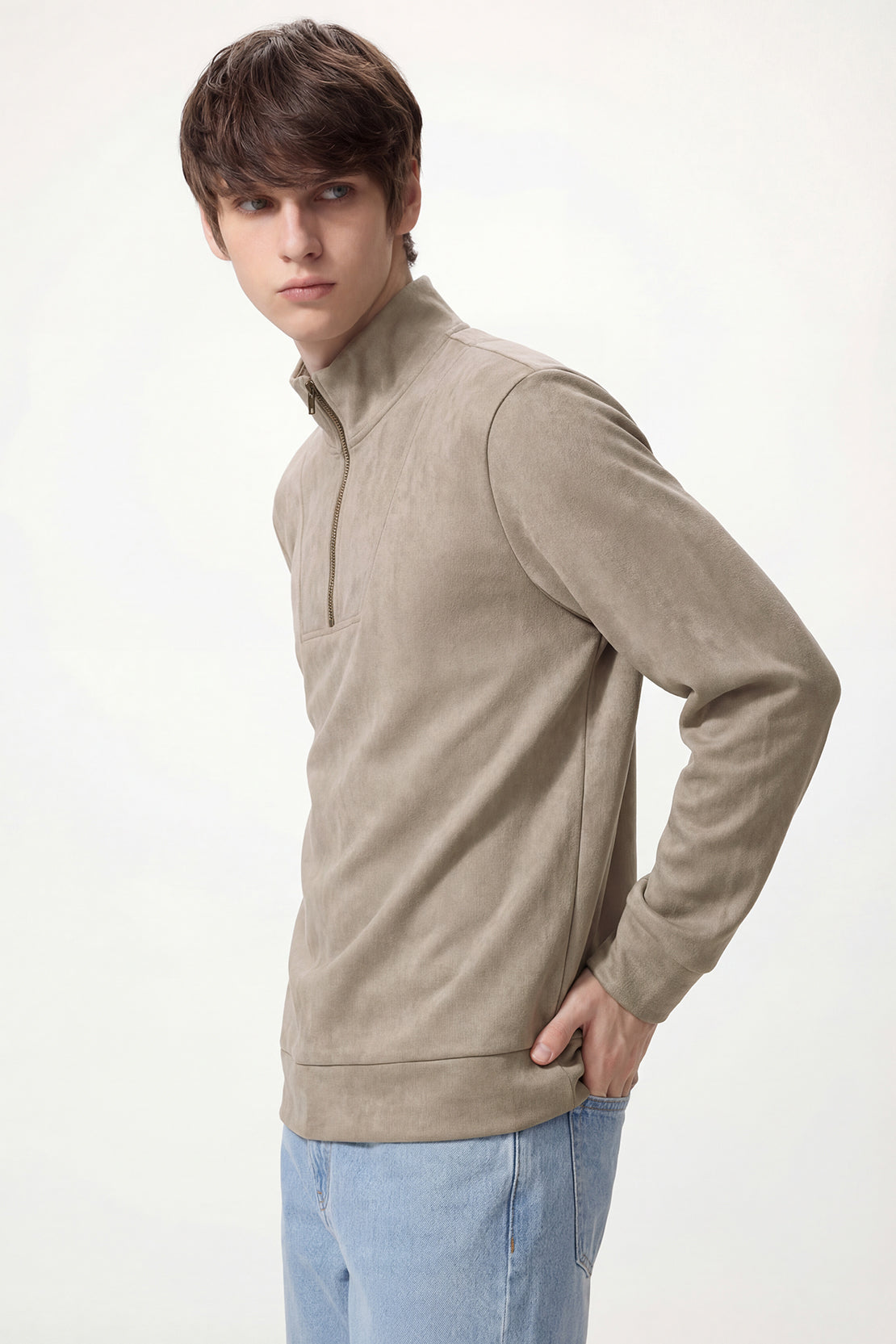 KOKO Soft Touch Suede Half–Zip Pullover – Brown & Sand