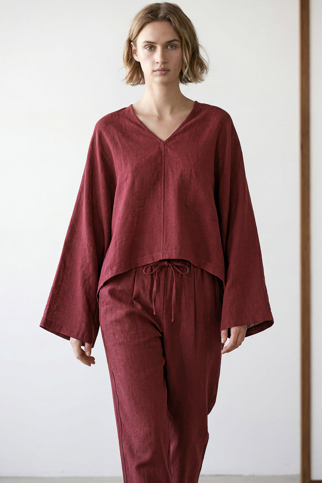 KOKO Pure Linen V-Neck Top – Red Wine