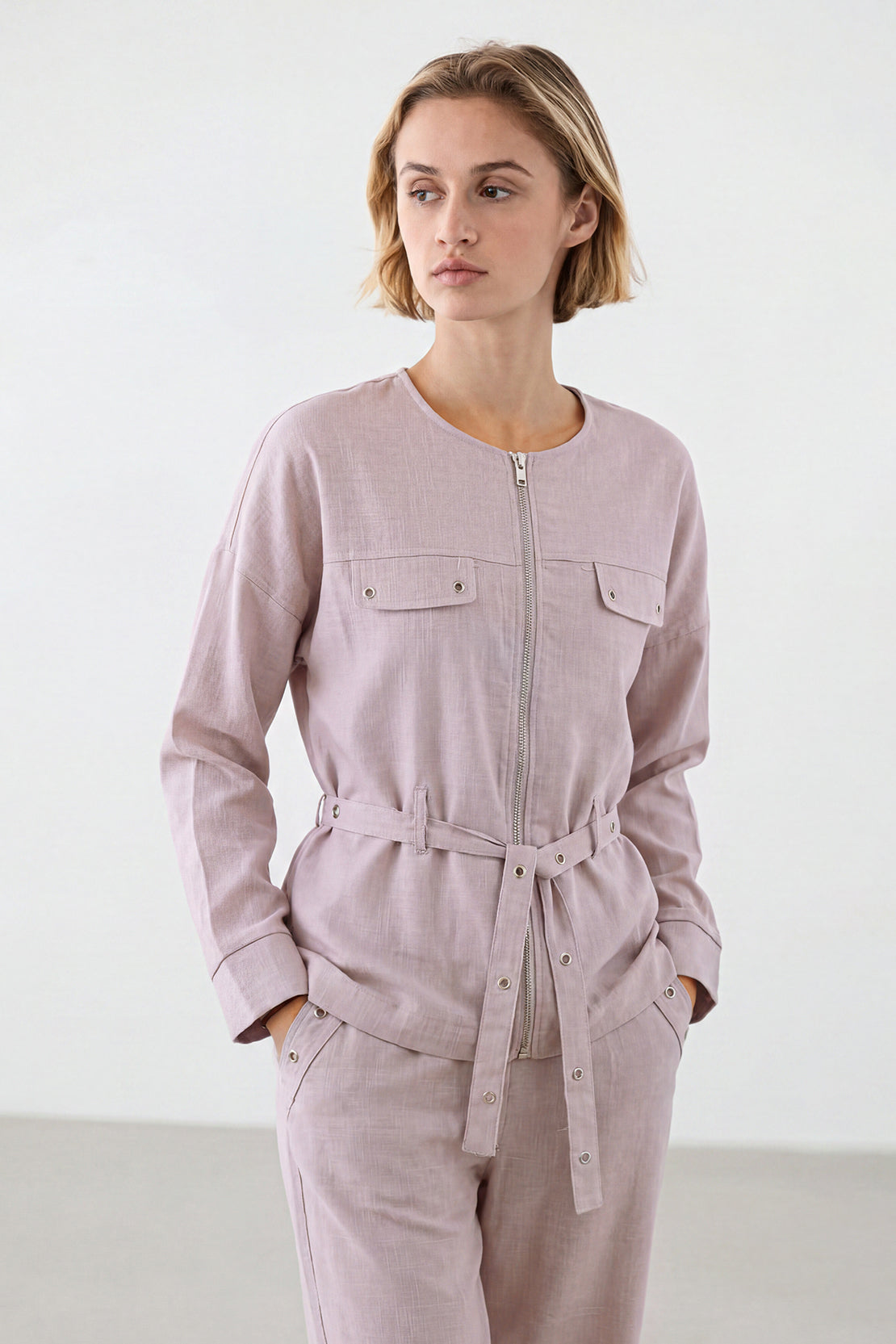 KOKO Structured Linen Zip-Up Top & Bottom – Lavender