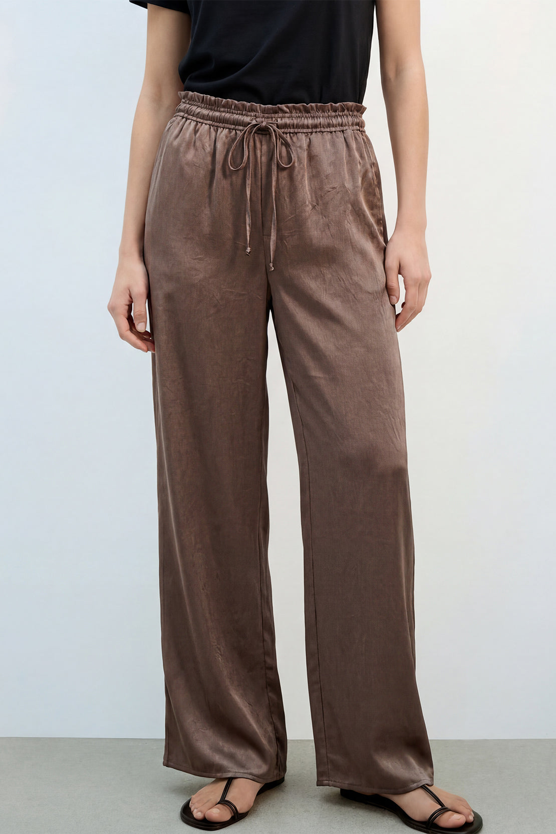 KOKO Structured Silk Tie-Front Top & Wide-Leg Bottom – Brown
