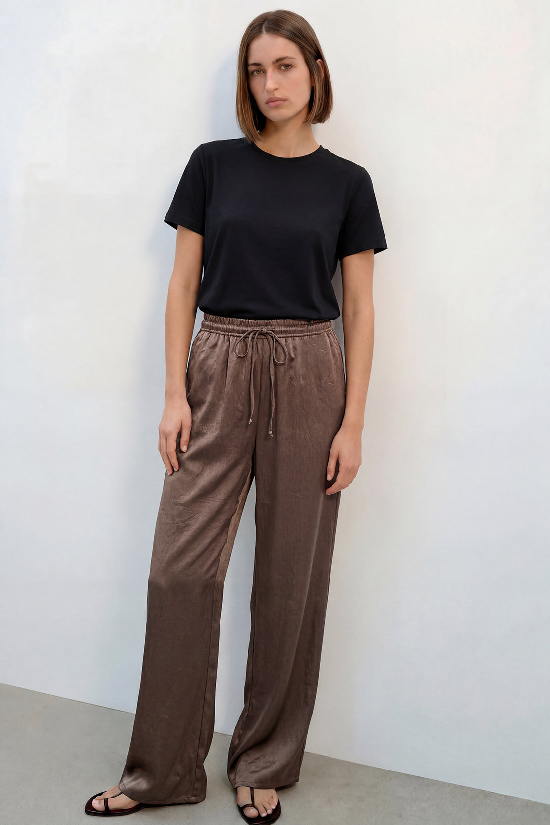 KOKO Structured Silk Tie-Front Top & Wide-Leg Bottom – Brown