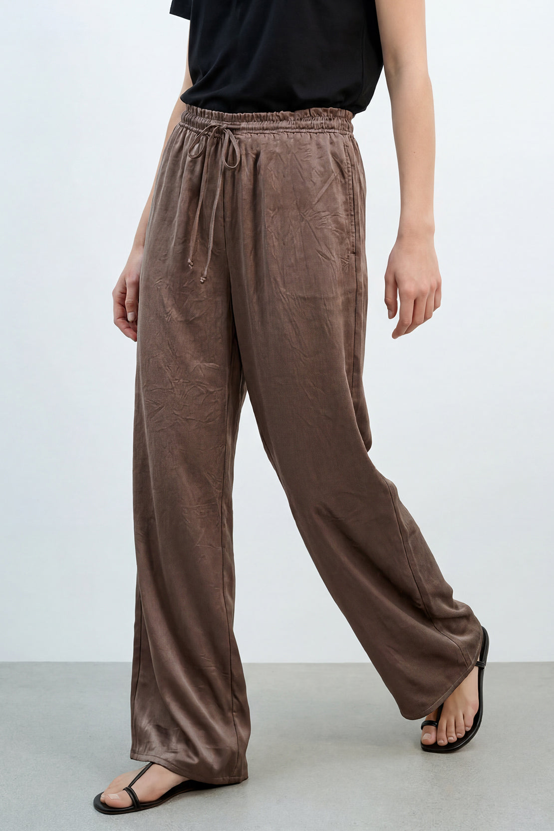 KOKO Structured Silk Tie-Front Top & Wide-Leg Bottom – Brown