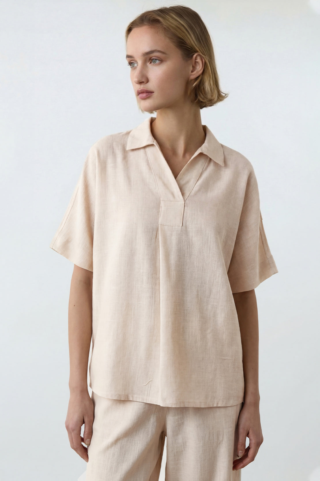 KOKO Linen Blend V-Neck Top – Apricot