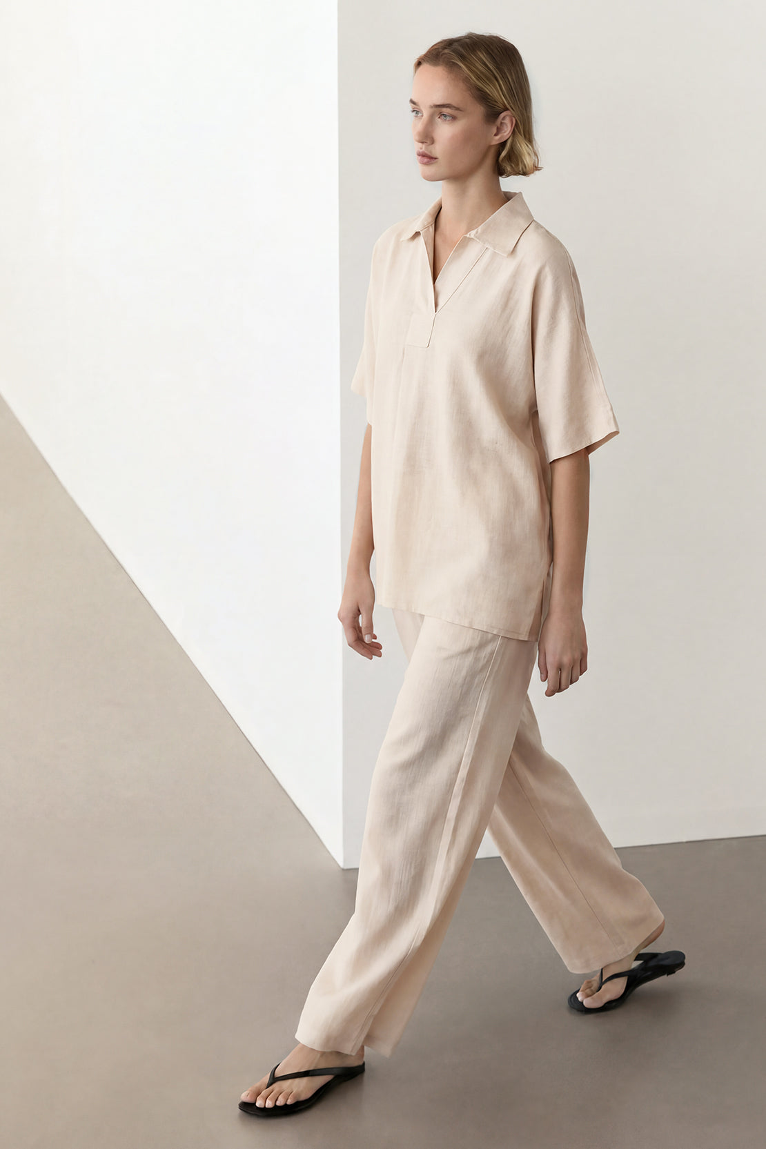 KOKO Linen Blend V-Neck Top & Wide-Leg Bottom – Apricot