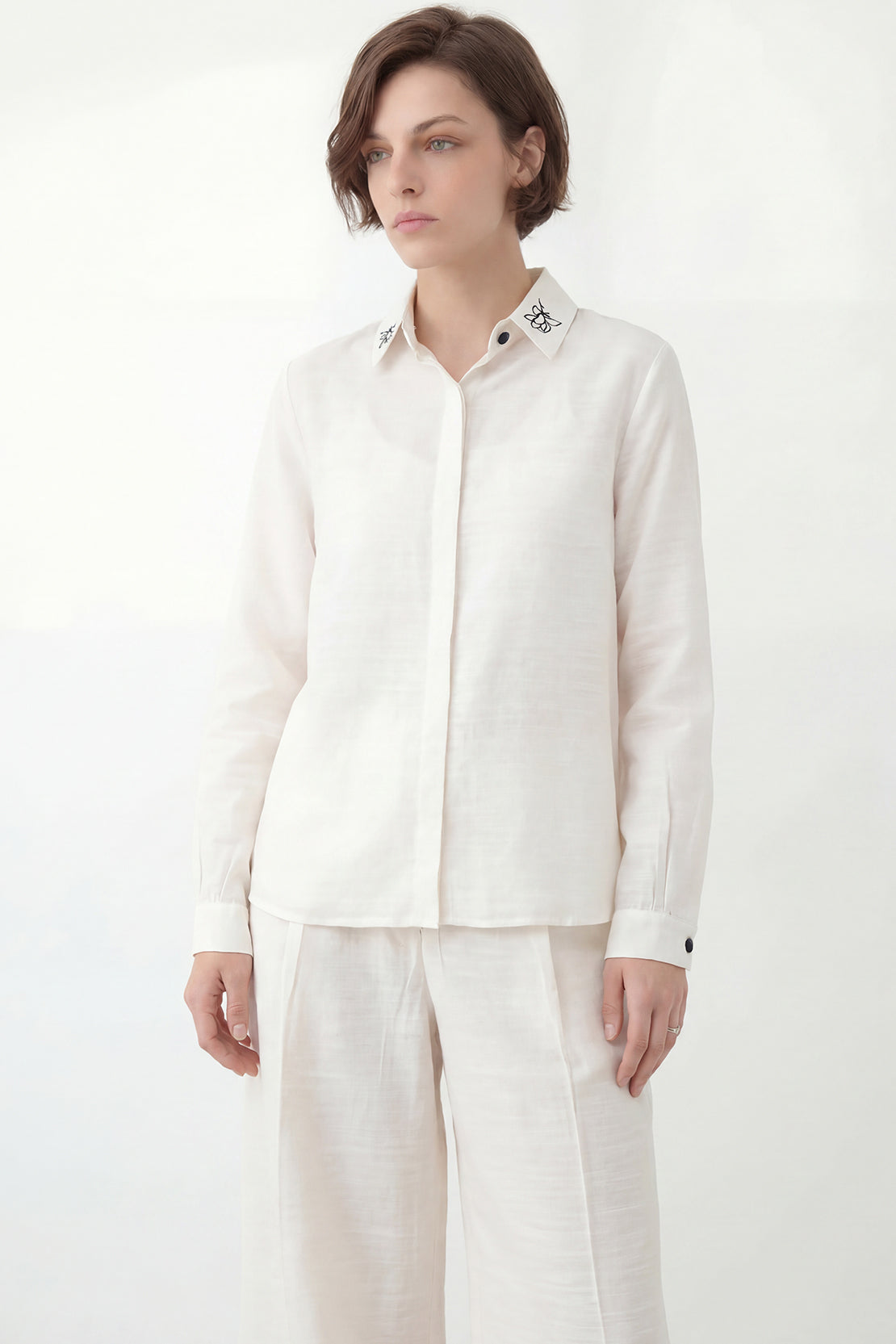 KOKO Light Linen Embroidered Collar Shirt + Wide-Leg Bottom - White