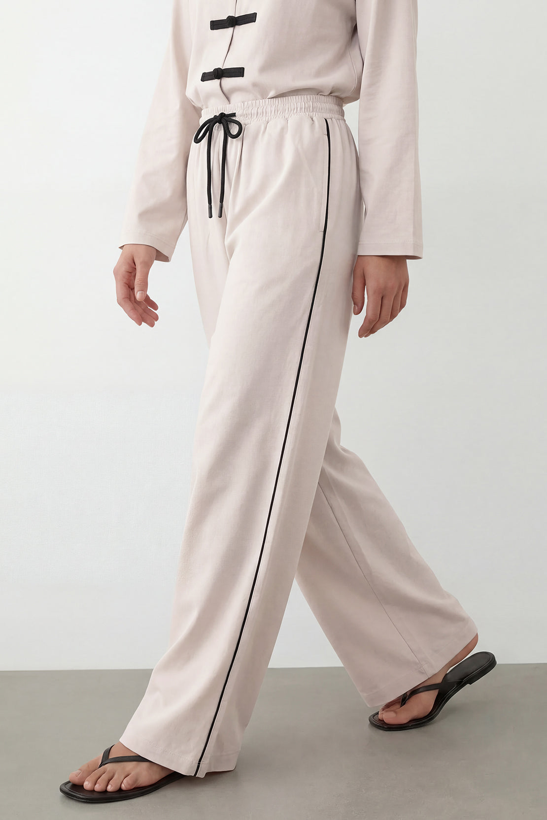 KOKO Smooth Cotton Wide-Leg Pants with Accent Slit – Beige