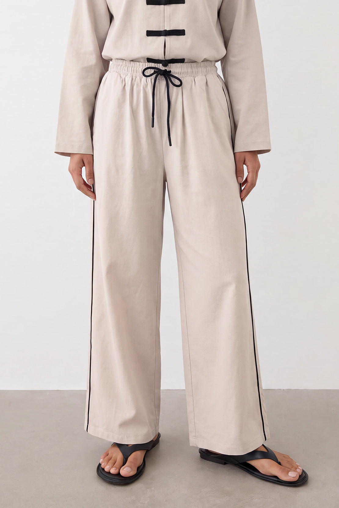 KOKO Smooth Cotton Wide-Leg Pants with Accent Slit – Beige