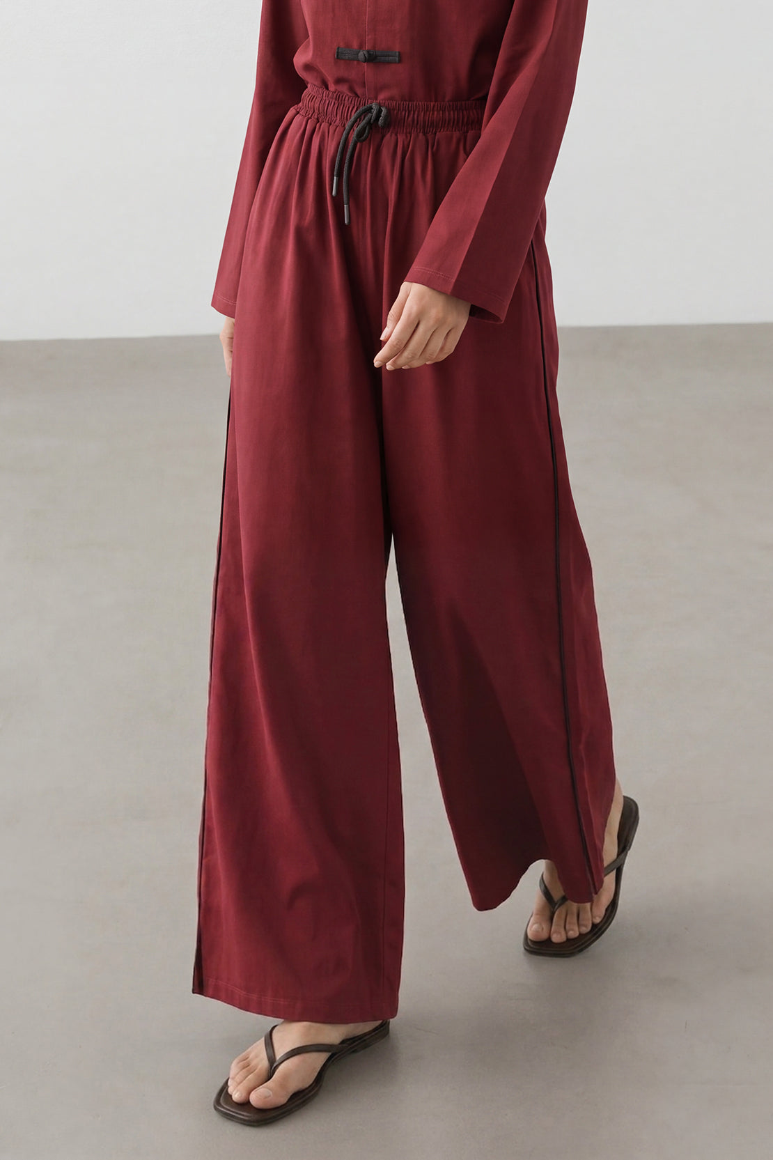 KOKO Smooth Cotton Wide-Leg Pants with Accent Slit – Deep wine