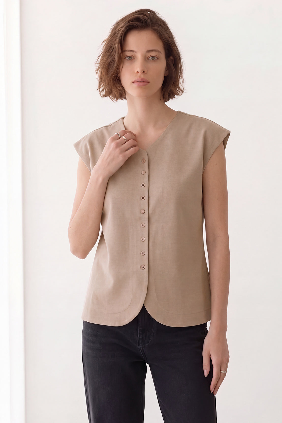 KOKO Premium Linen Cap Sleeve Shirt – Beige