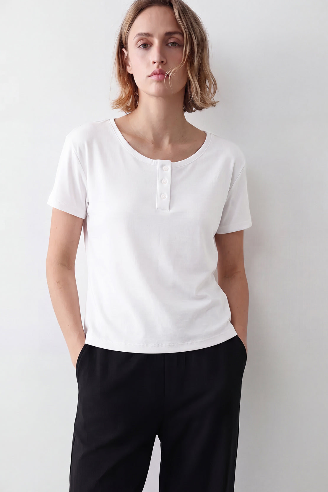 KOKO Cupro Buttoned T-Shirt – White
