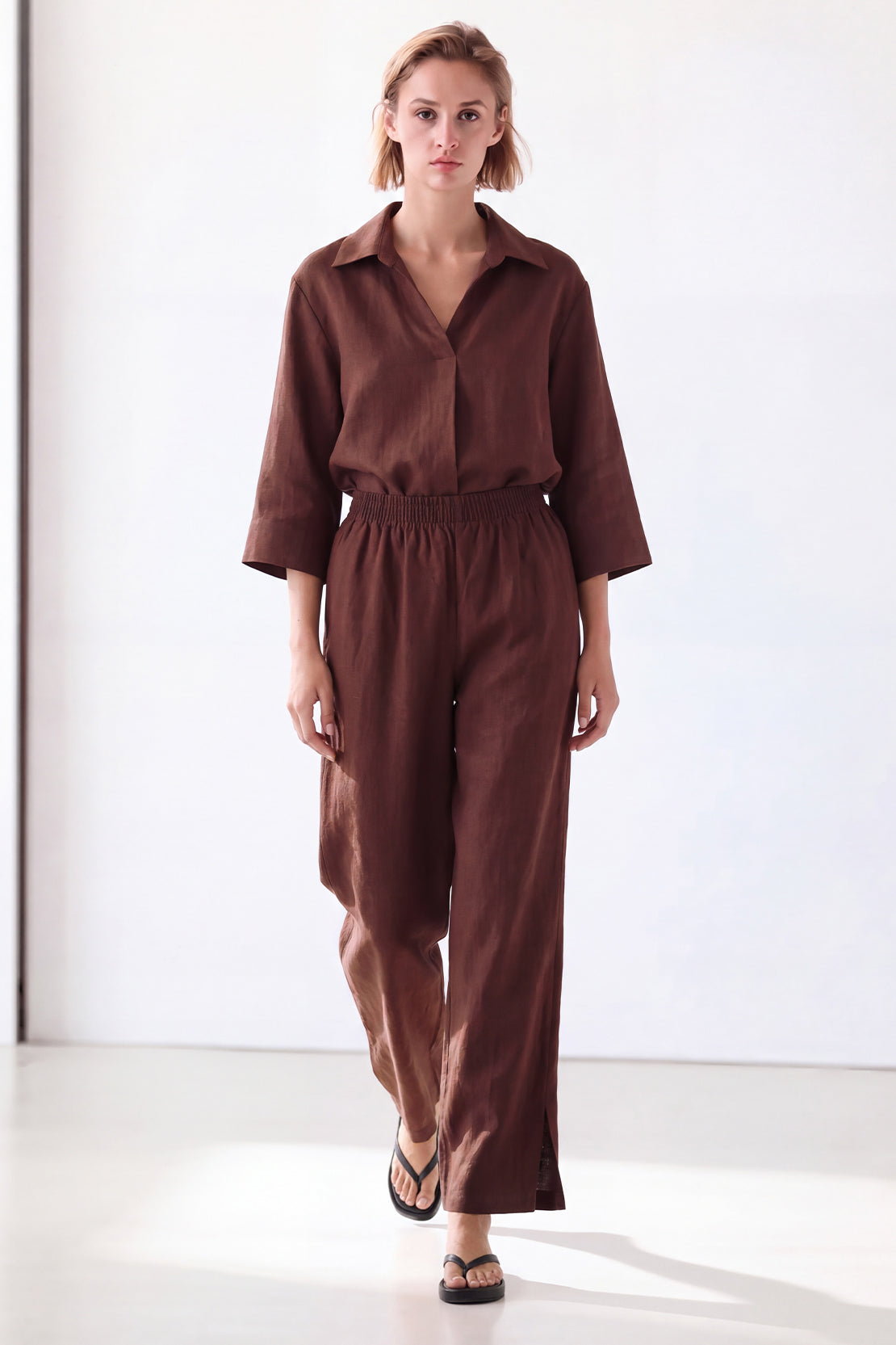 KOKO Pure Linen Straight-Fit Pants – Brown