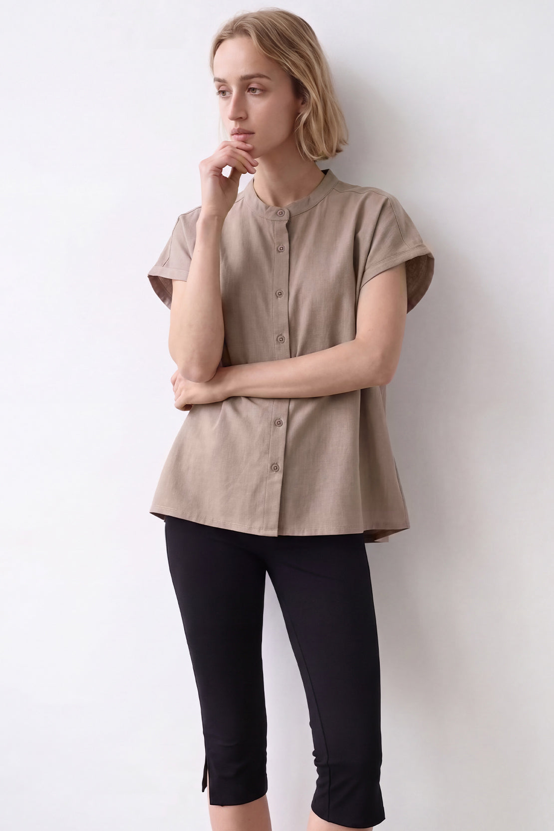 KOKO Premium Linen Band Collar Shirt – Beige