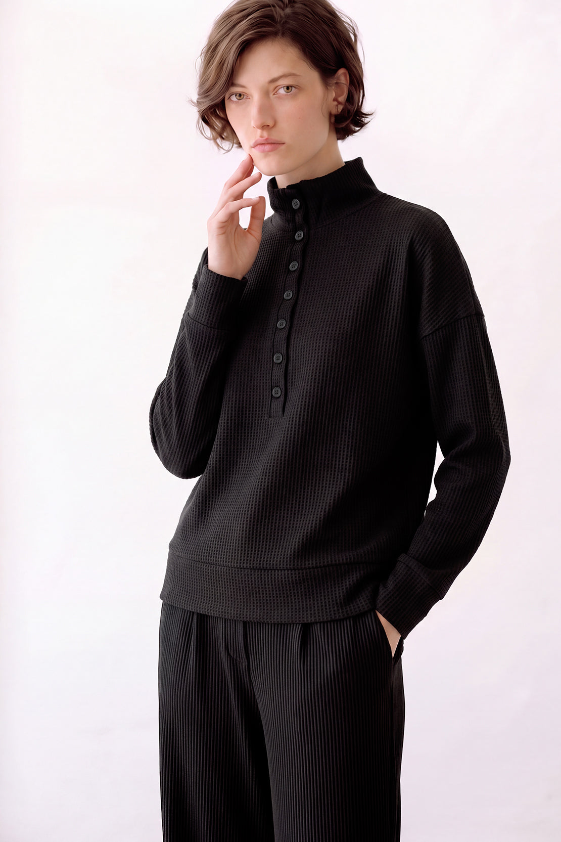 KOKO Structured Knit Button Collared Top
