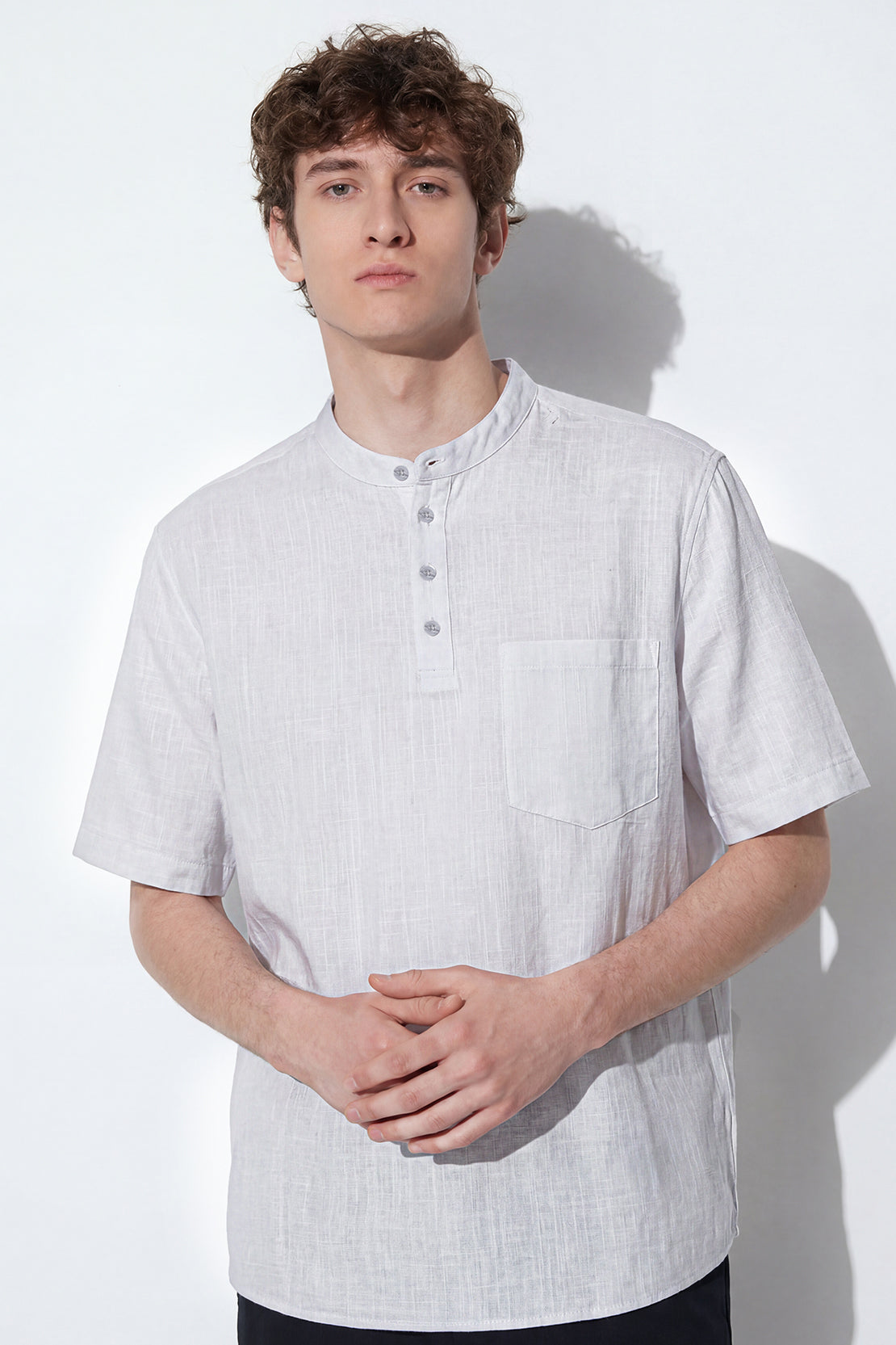 KOKO Structured Linen Henley Neck T-Shirt – White
