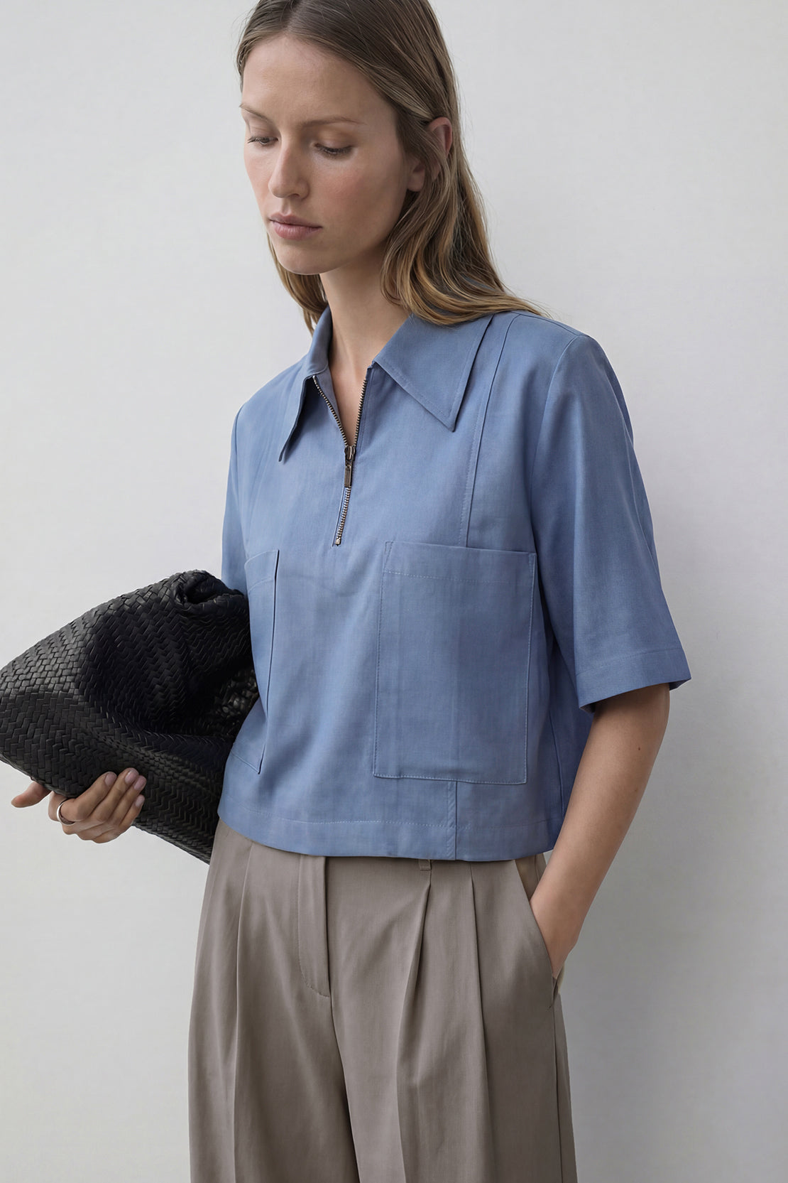 KOKO Pure-Ease Relaxed Zip Woven Shirt – Denim Blue & Brown