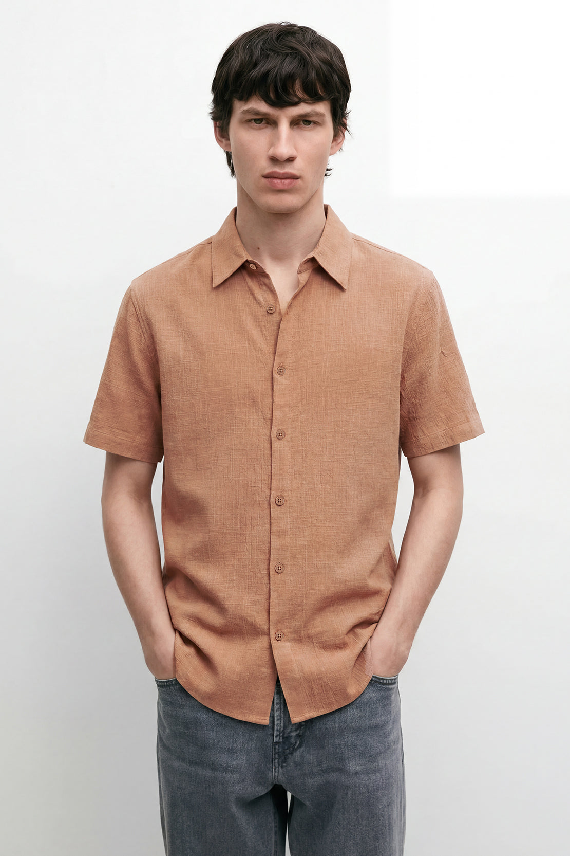 KOKO Linen Blend Button-Down Shirt – Coffee Brown