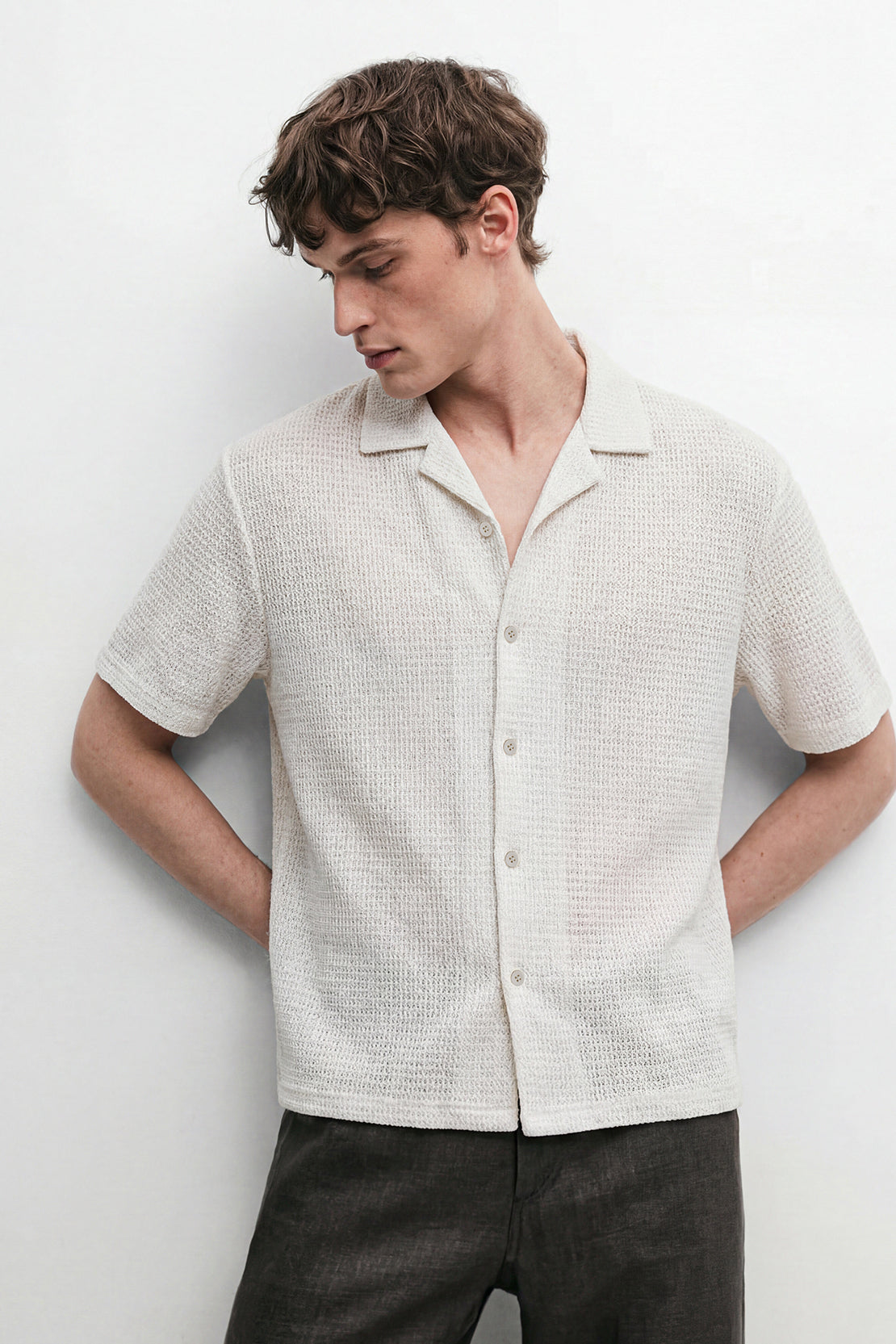 KOKO Grid Knit Button-Down Shirt – white