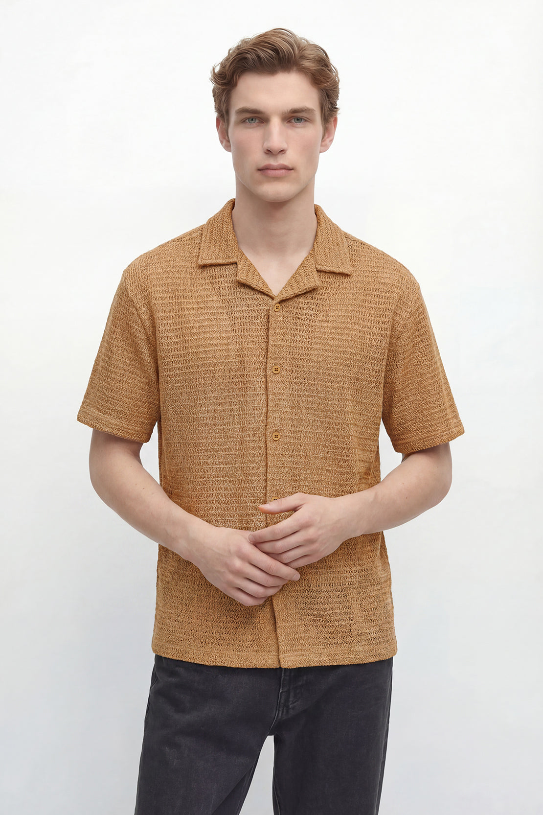 KOKO Grid Knit Button-Down Shirt – camel