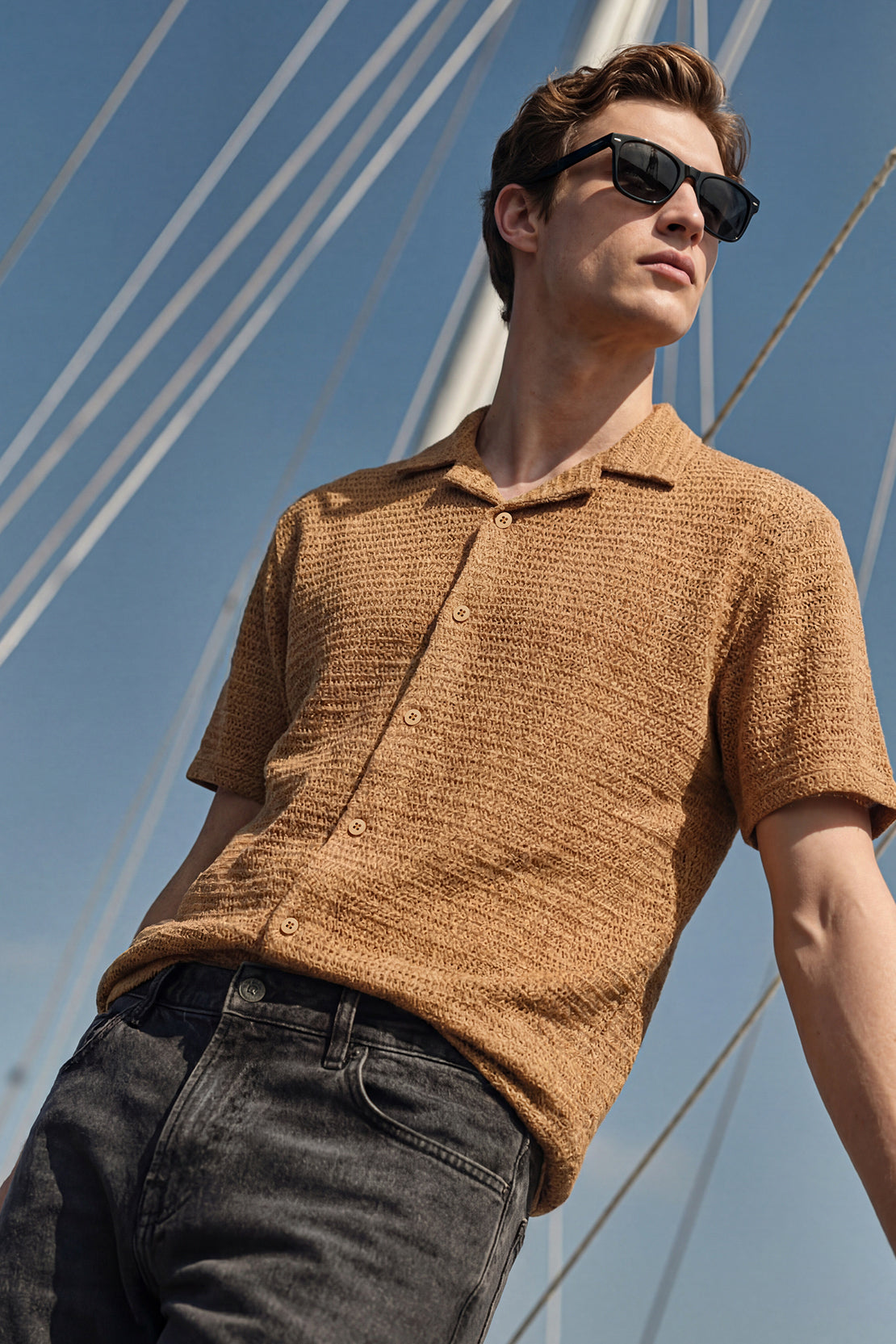 KOKO Grid Knit Button-Down Shirt – camel