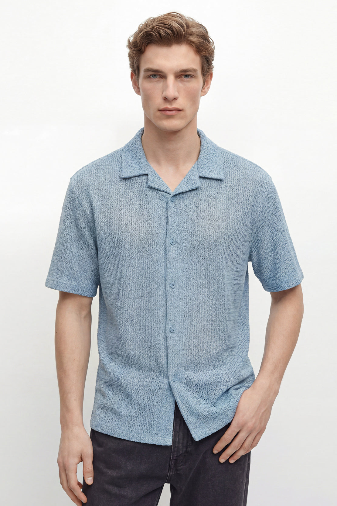 KOKO Grid Knit Button-Down Shirt – Light Blue