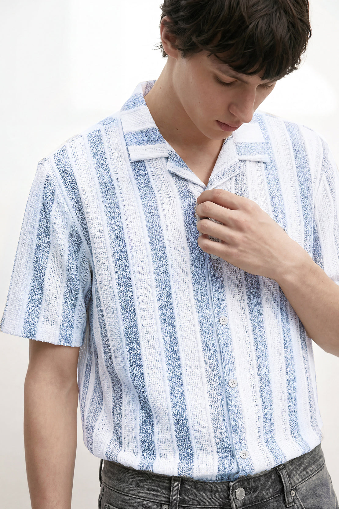 KOKO Textured Knit Striped Button-Down Shirt – White