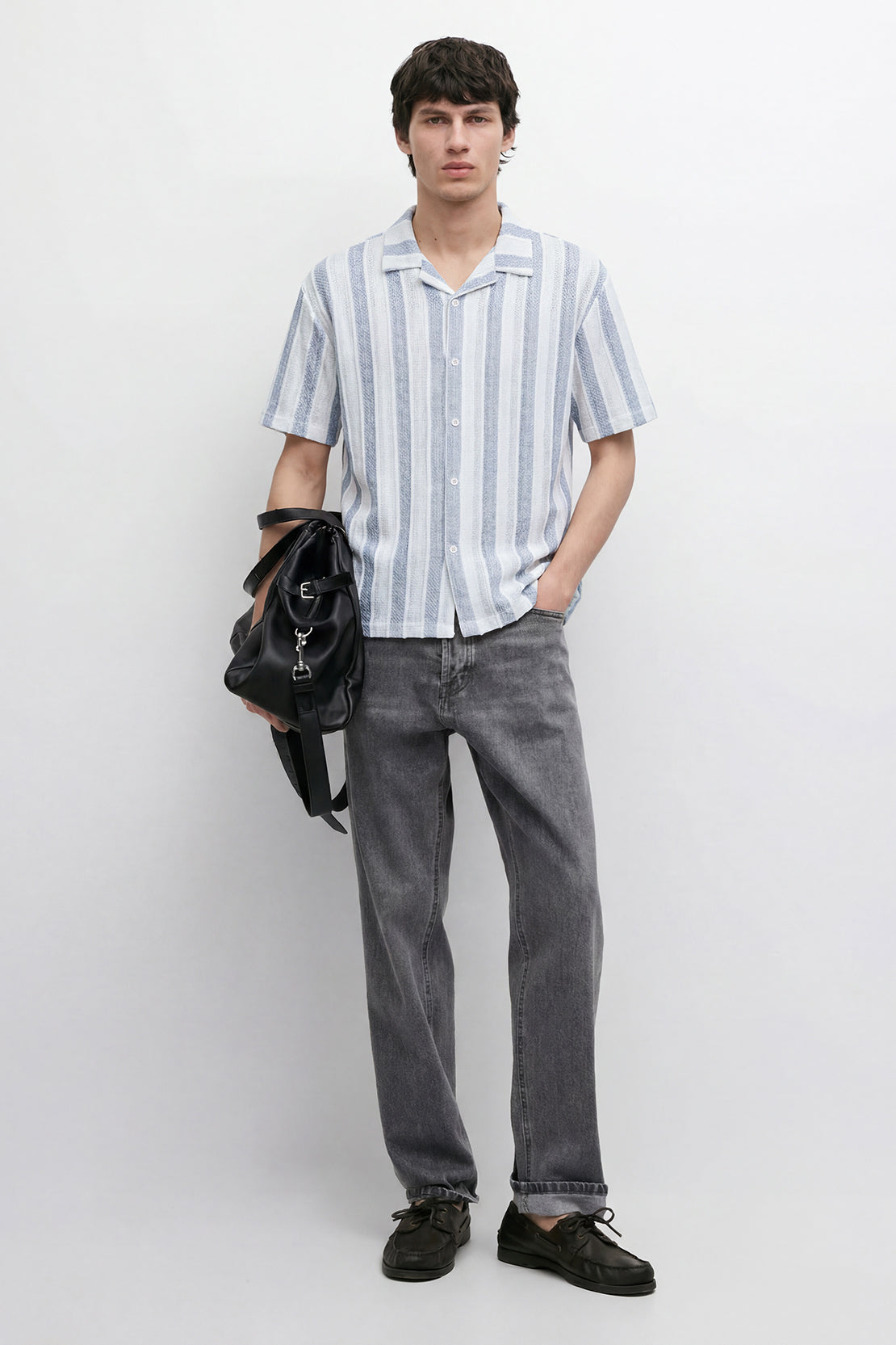 KOKO Textured Knit Striped Button-Down Shirt – White