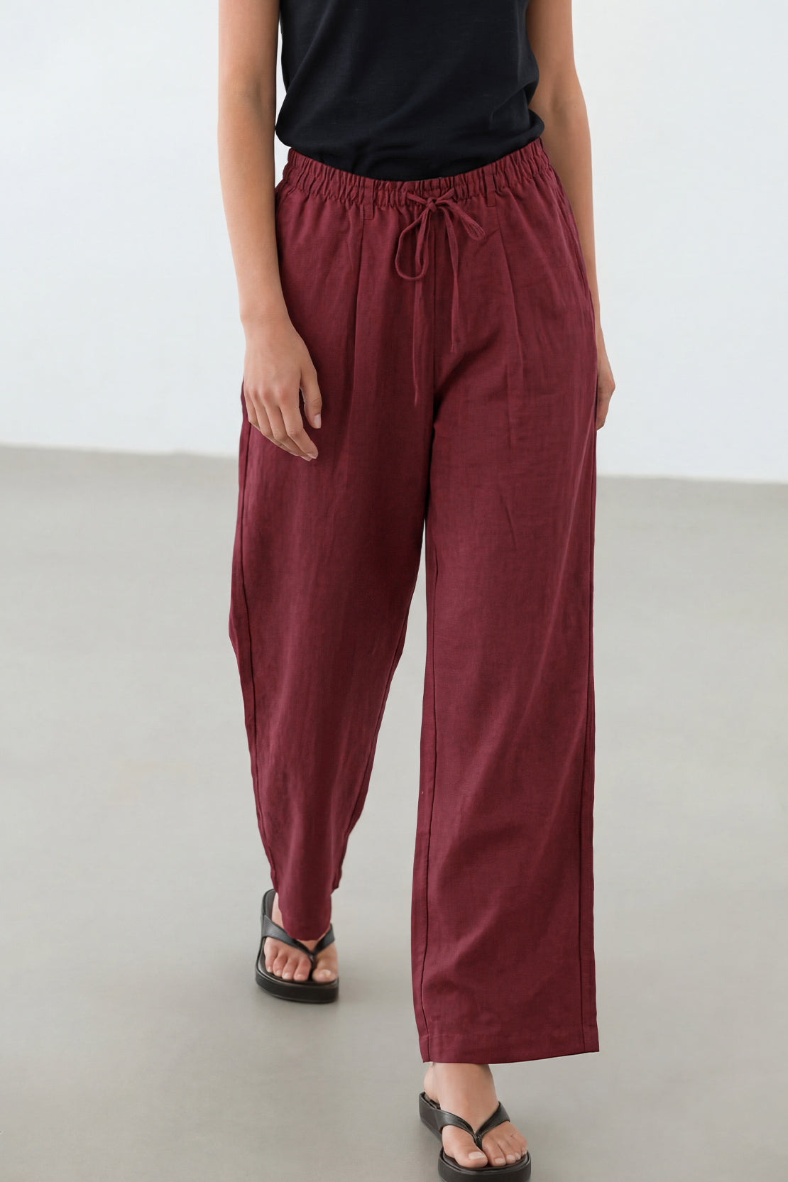 KOKO Pure Linen V-Neck Top & Relaxed Bottom – Red Wine