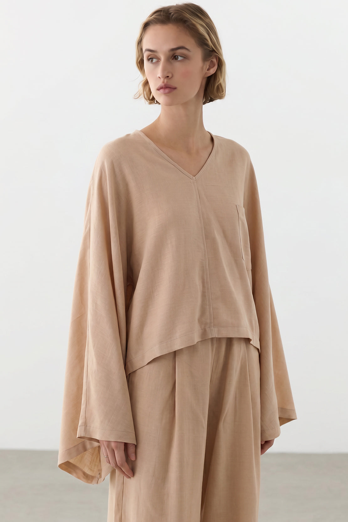 KOKO Pure Linen V-Neck Top & Relaxed Trousers – Dark Beige
