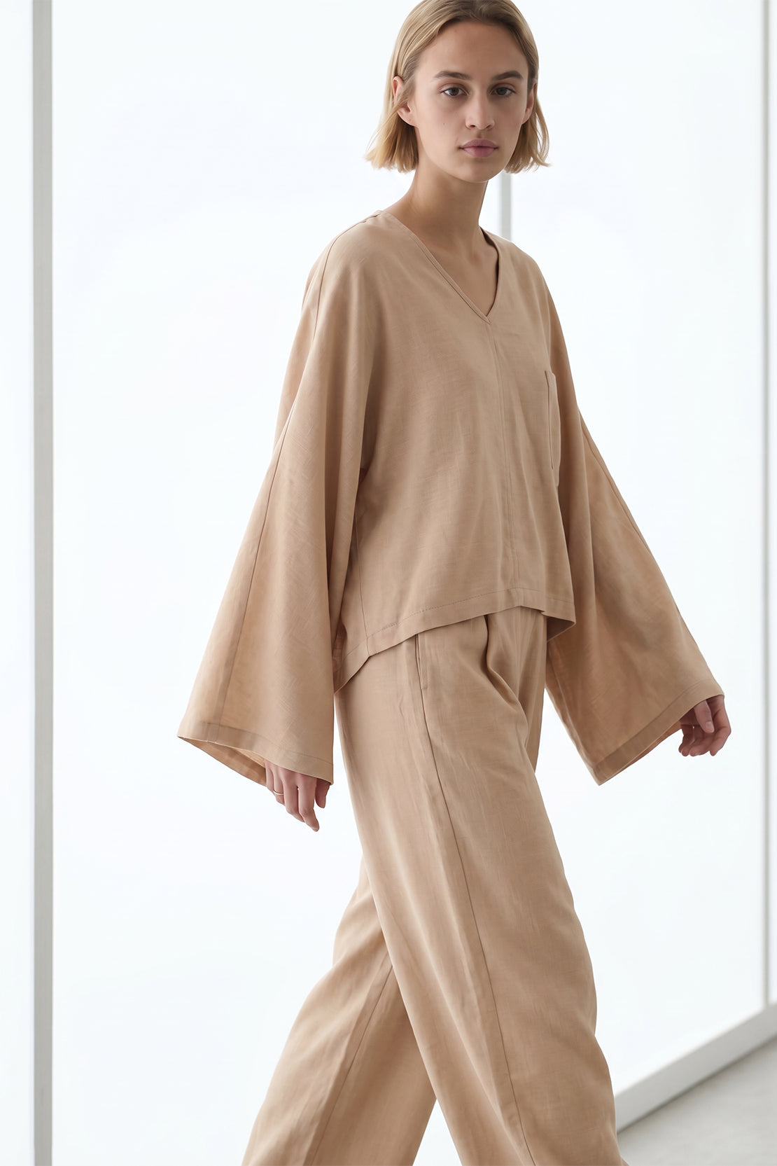 KOKO Pure Linen V-Neck Top & Relaxed Trousers – Dark Beige