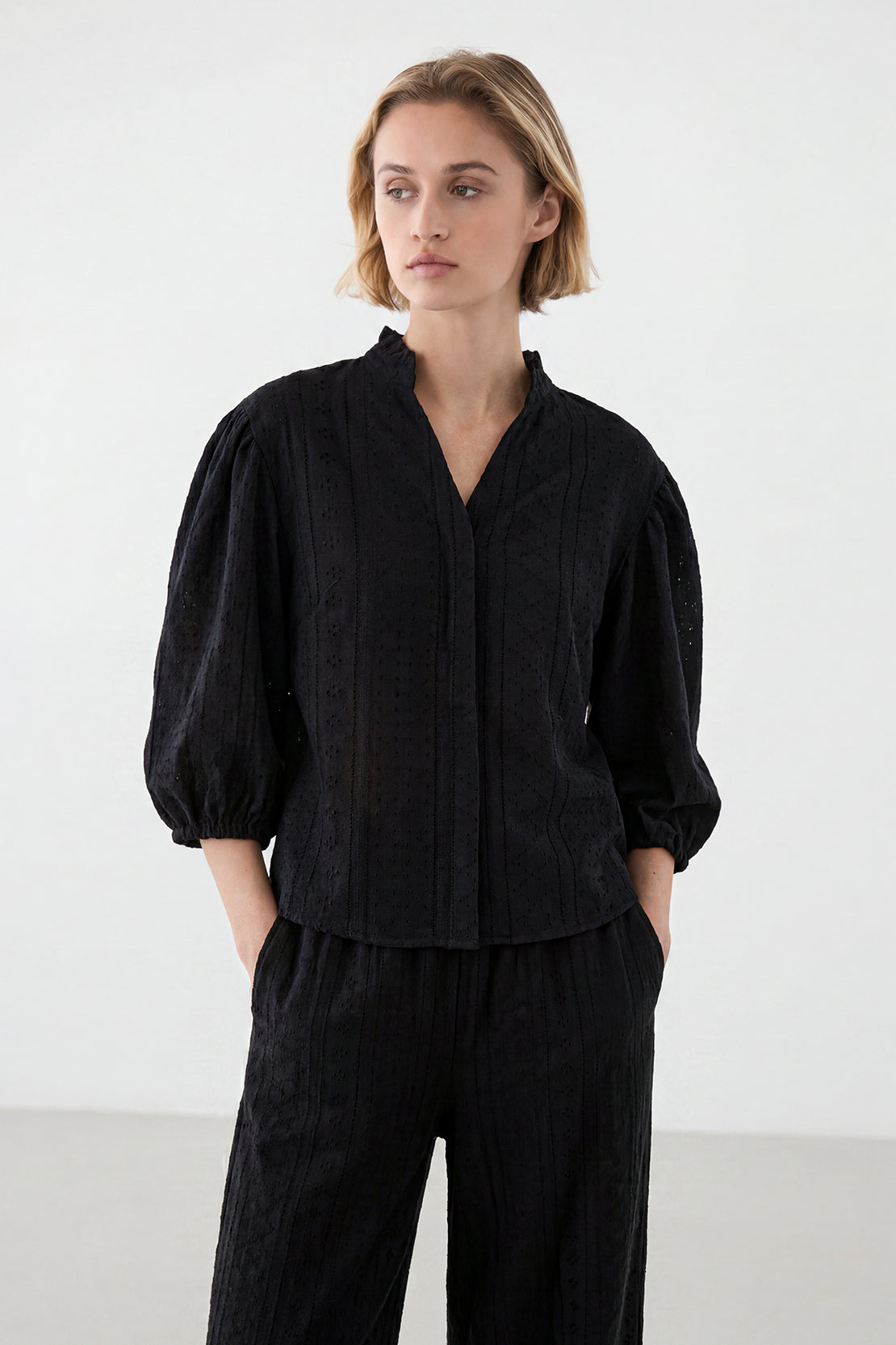KOKO Nova Knit Ruffled Sleeve Top & Pleated Pants – Black