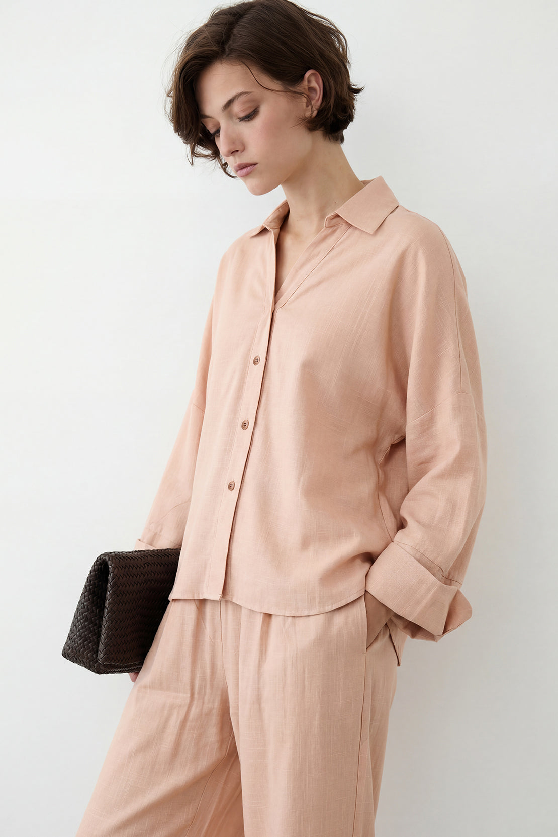 KOKO Linen Blend Relaxed Button Down top– Pink