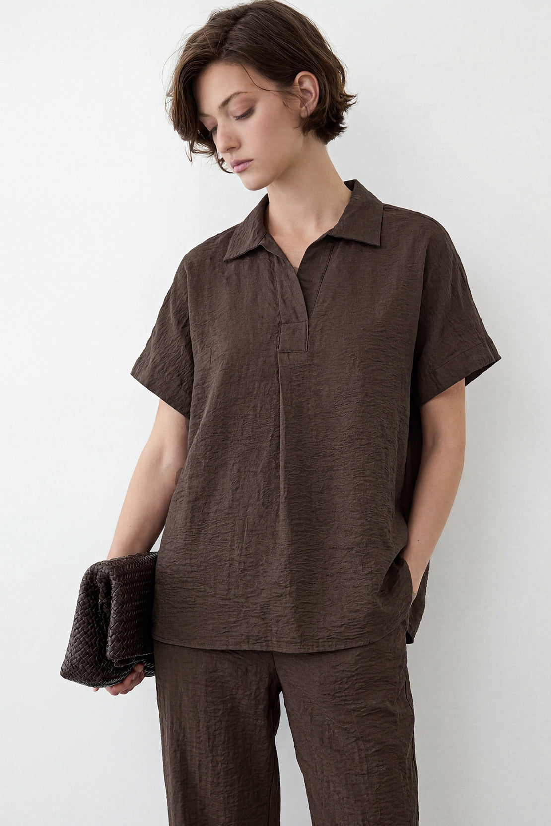 KOKO Cloud Muslin V-Neck Shirt & Relaxed Pants – Brown