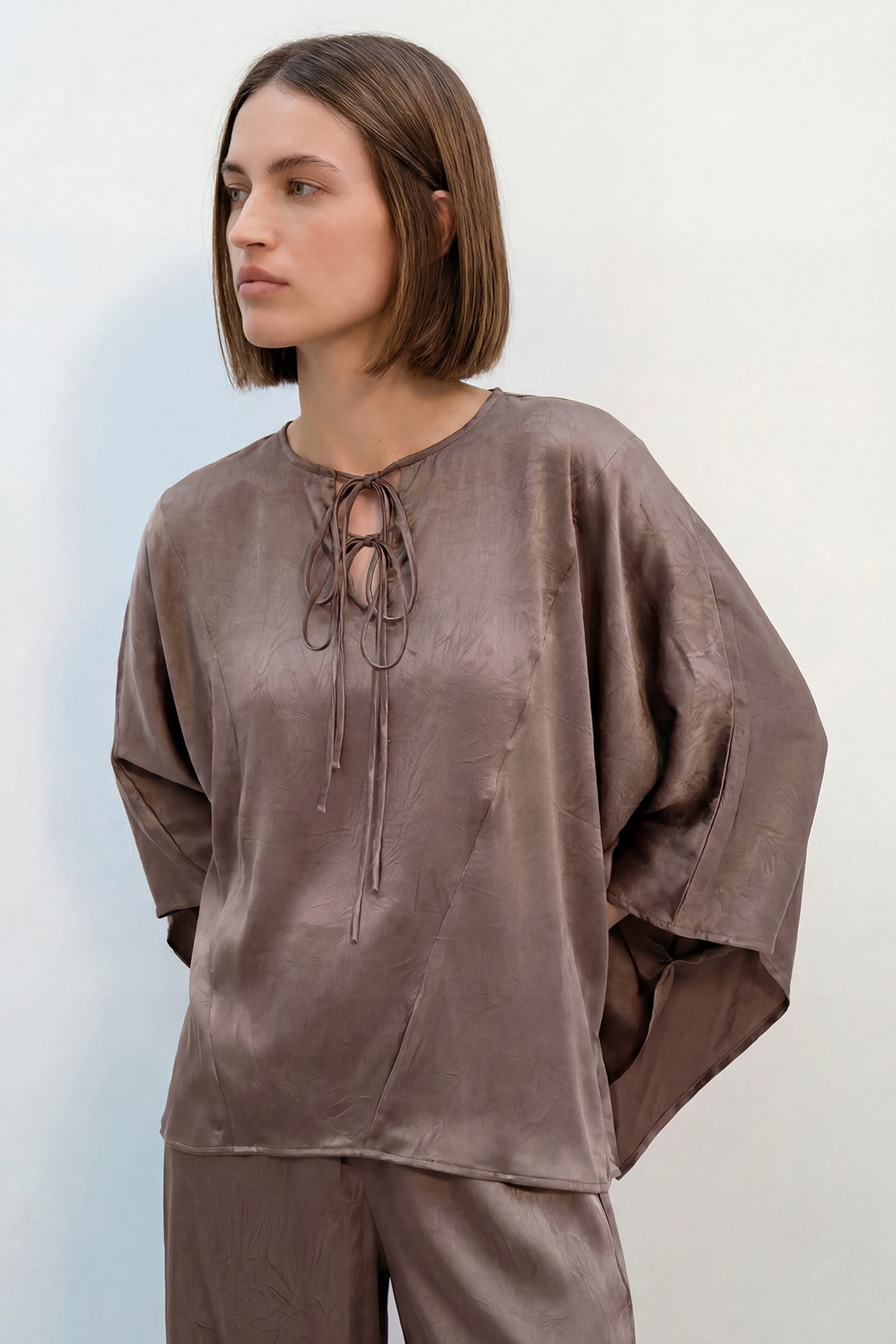 KOKO Structured Silk Tie-Front Top & Wide-Leg Bottom – Brown