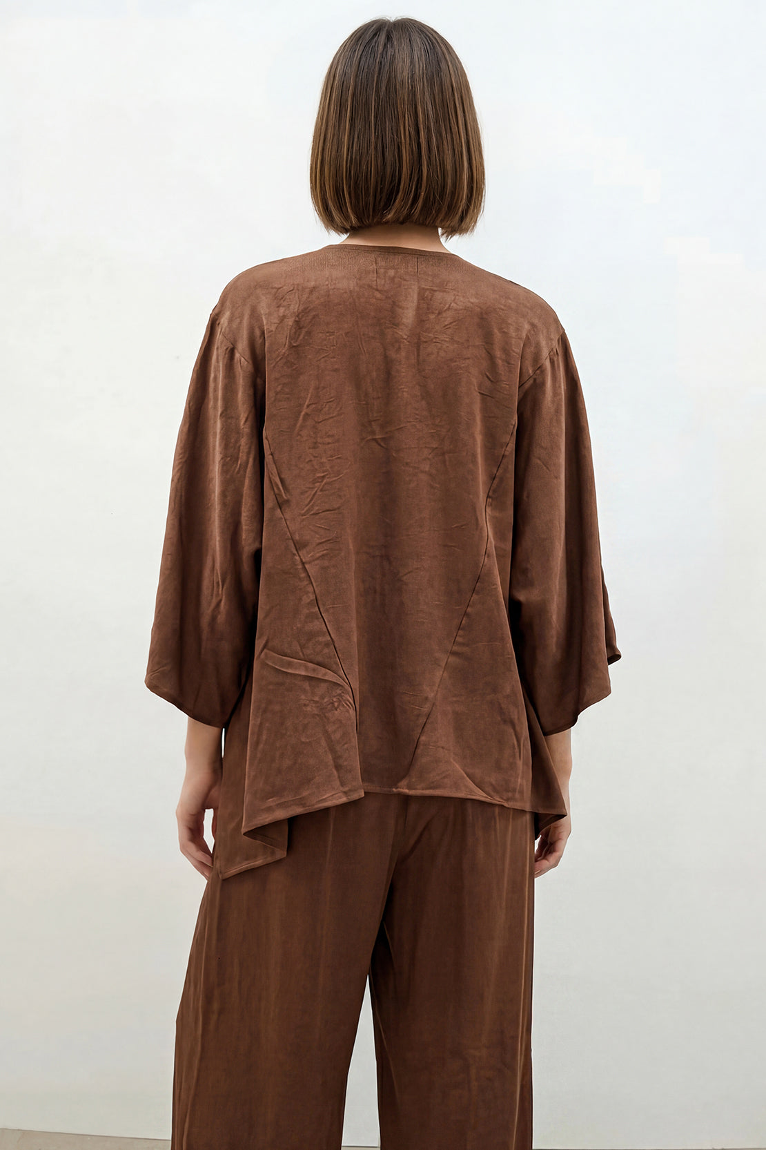 KOKO Structured Silk Tie-Front Top & Wide-Leg Bottom – Dark Brown