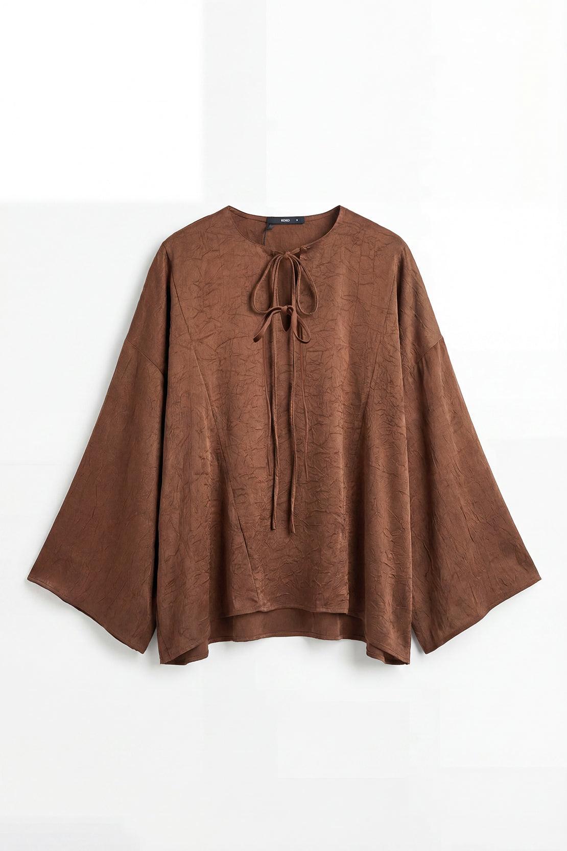 KOKO Structured Silk Tie-Front Top & Wide-Leg Bottom – Dark Brown