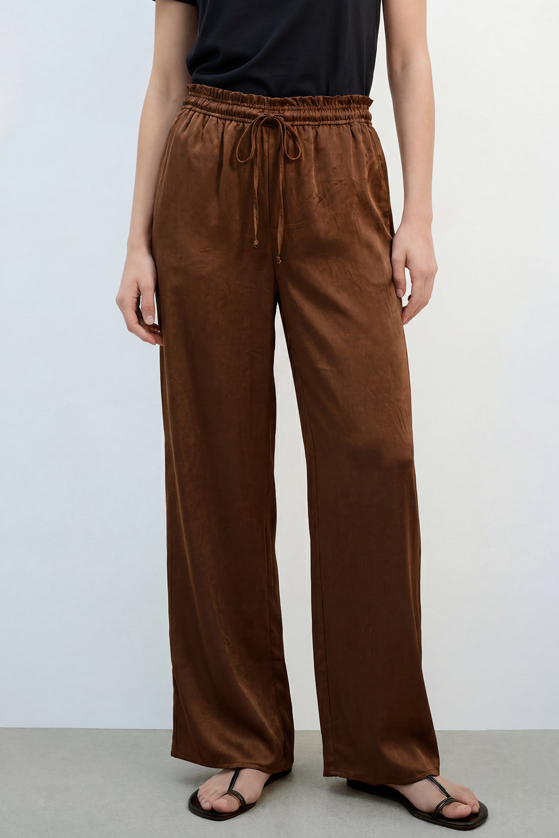 KOKO Structured Silk Wide-Leg Bottom – Dark Brown