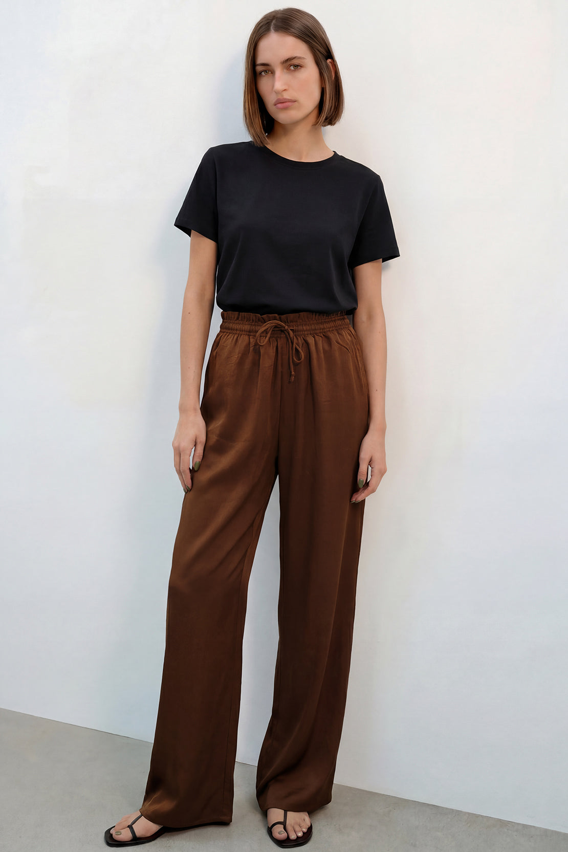 KOKO Structured Silk Tie-Front Top & Wide-Leg Bottom – Dark Brown