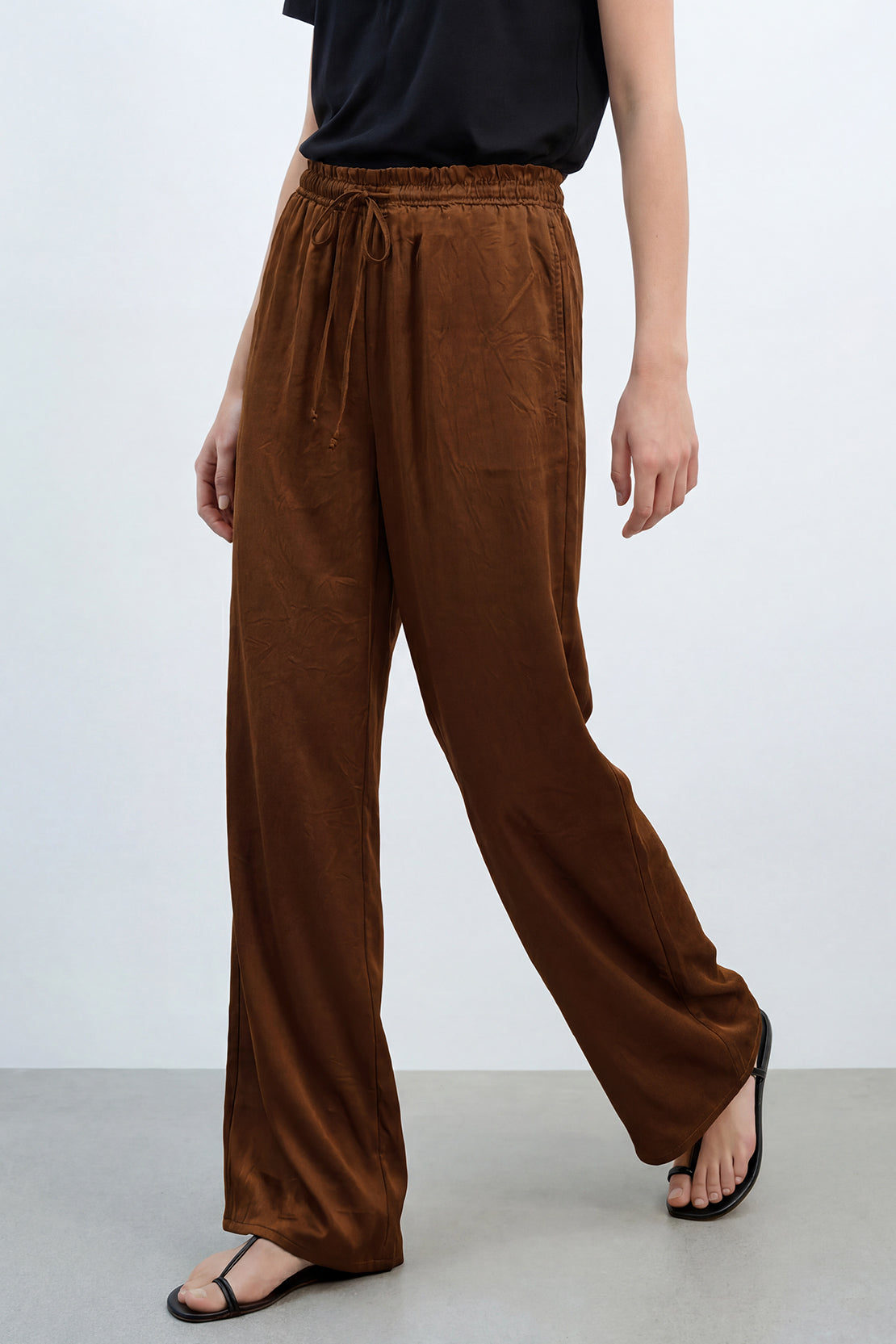 KOKO Structured Silk Tie-Front Top & Wide-Leg Bottom – Dark Brown