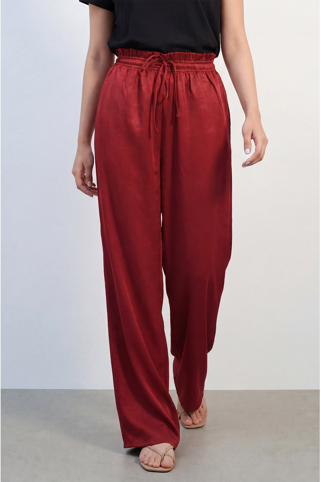 KOKO Structured Silk Tie-Front Top & Wide-Leg Pants – Red