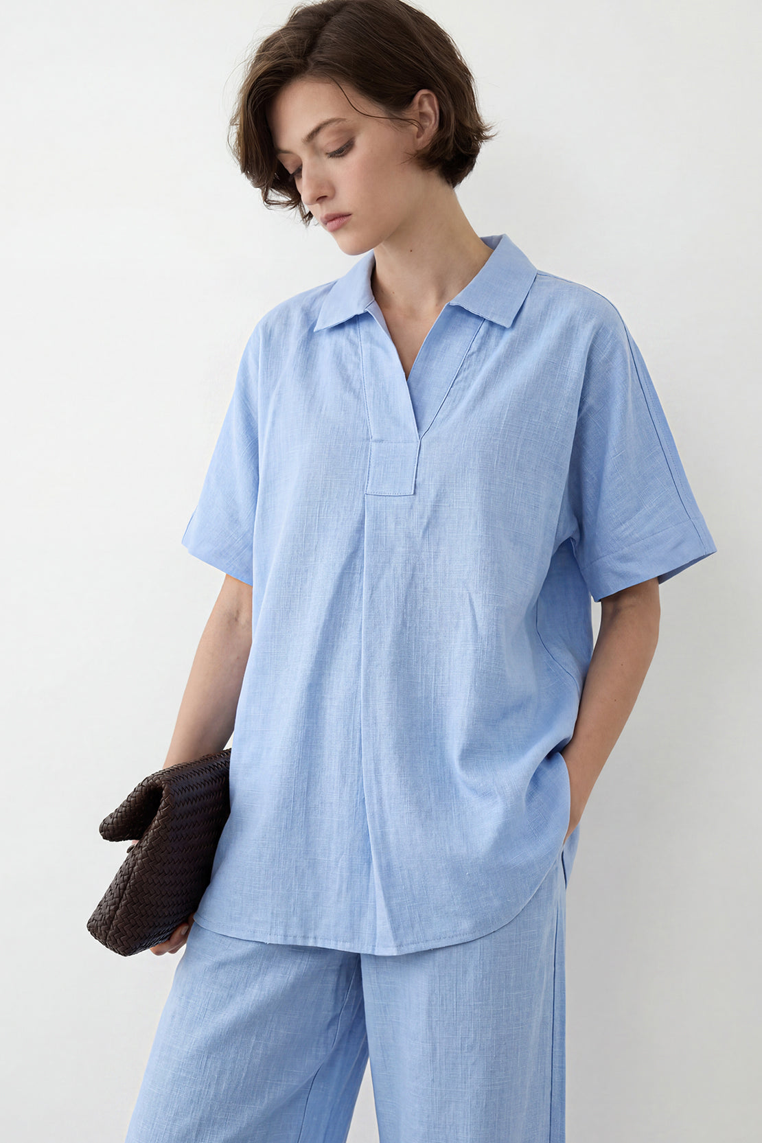 KOKO Linen Blend Co-ord Top & Co-ord Bottom – Light Blue