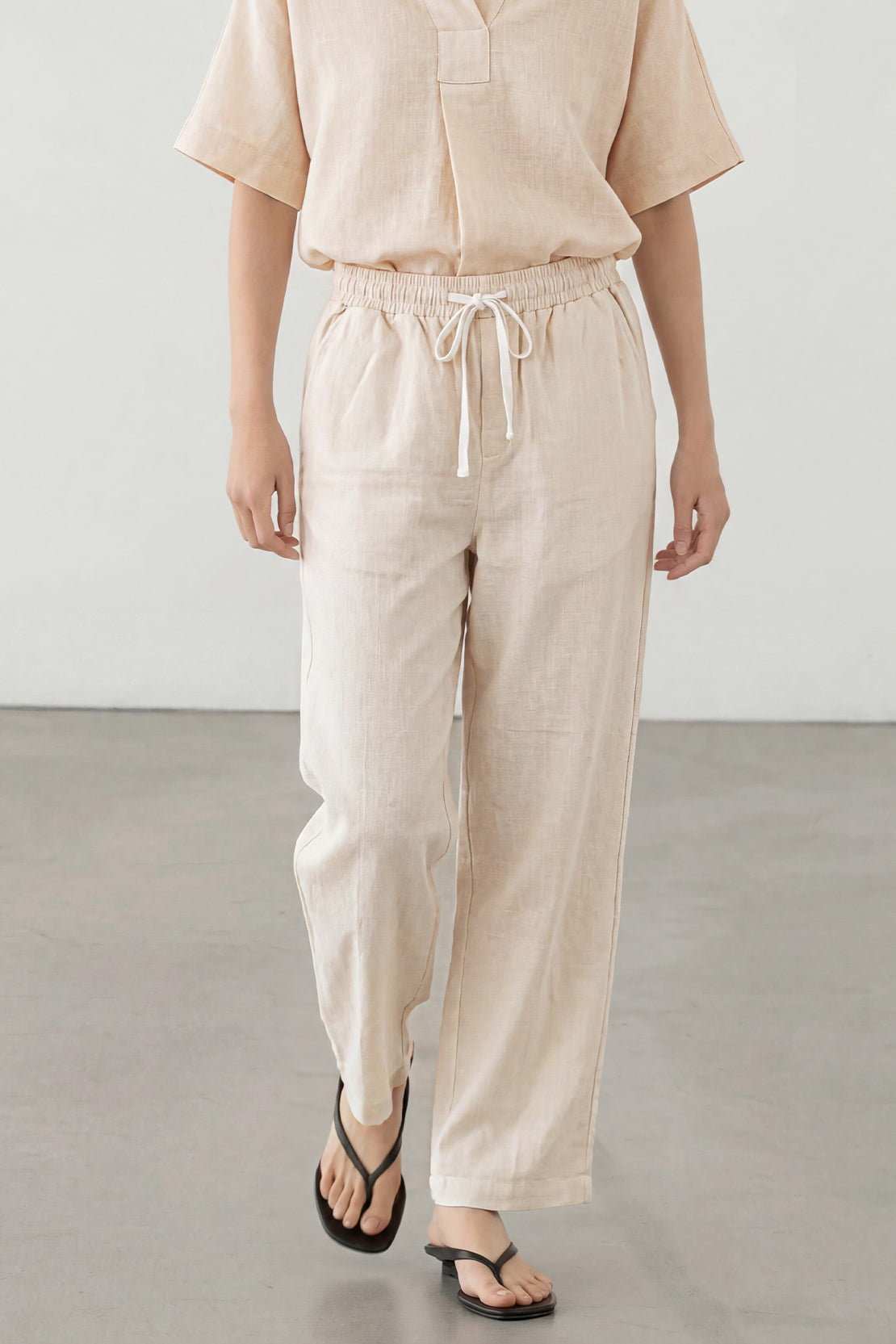 KOKO Linen Blend V-Neck Top & Wide-Leg Bottom – Apricot