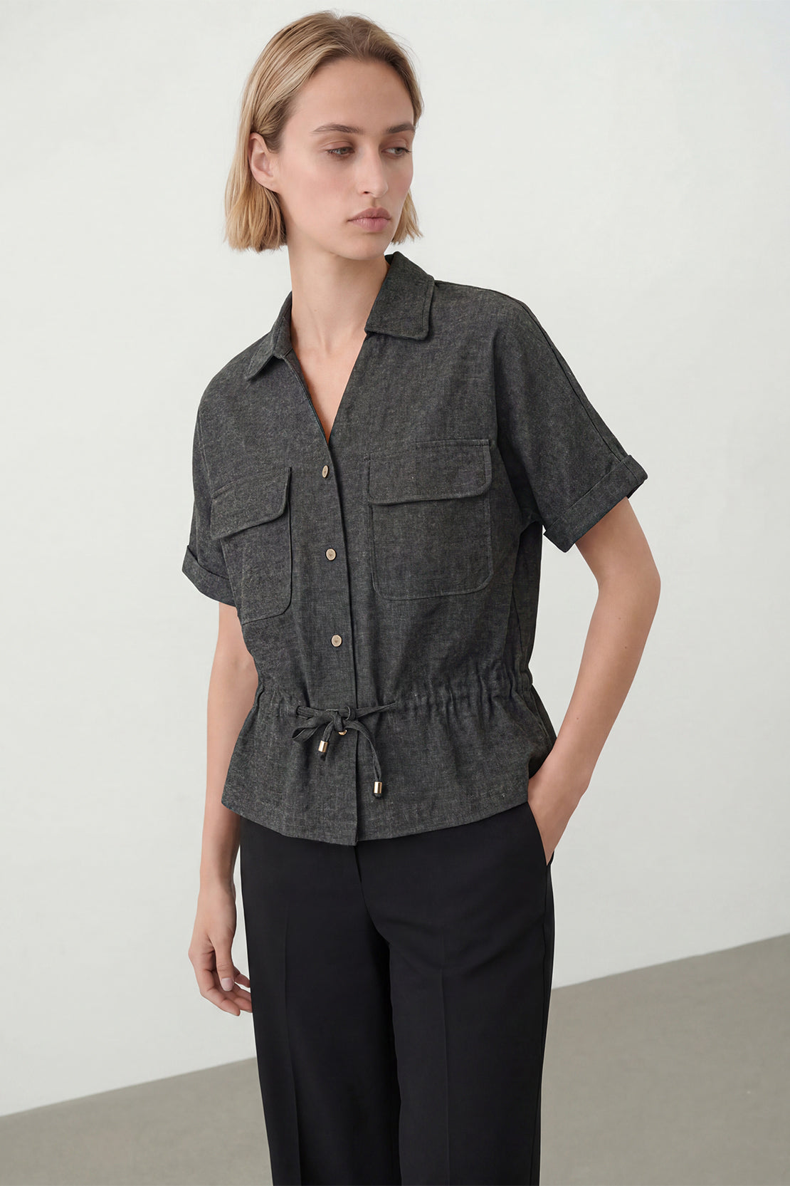 KOKO Mist Linen Tie-Front Top – Charcoal Grey