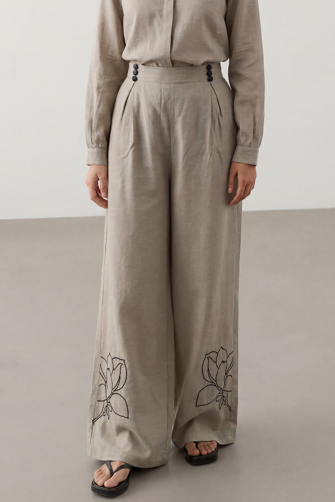 KOKO Light Linen Embroidered Wide-Leg Bottom – Olive