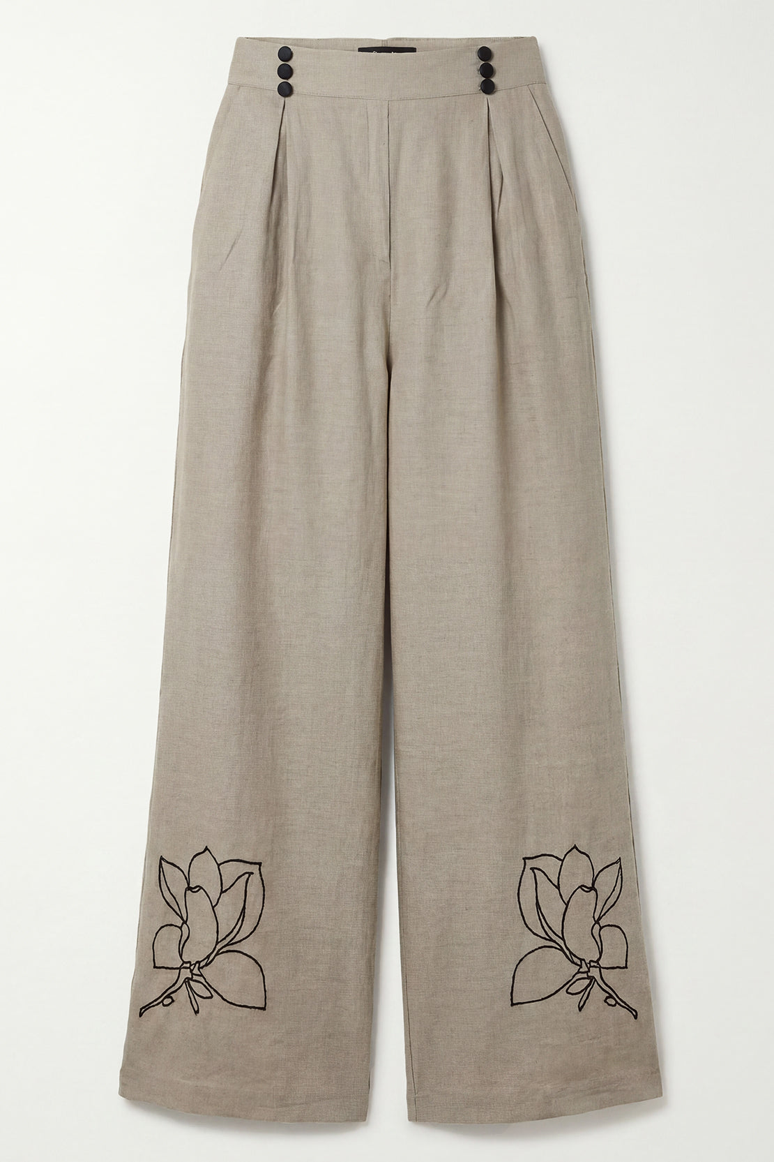KOKO Light Linen Embroidered Collar Shirt + Wide-Leg Bottom - Olive
