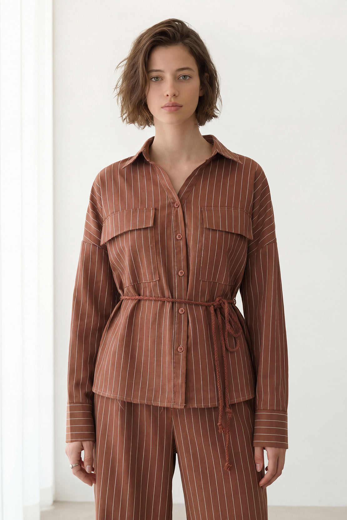 KOKO Linen Blend Stripe Shirt & Relaxed Wide-Leg Pants – Rusty Brown
