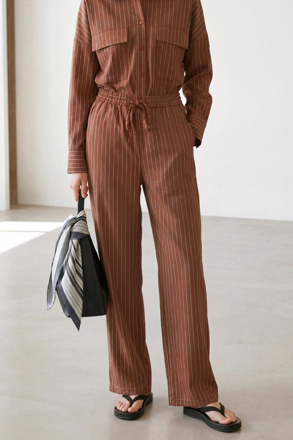 KOKO Linen Blend Stripe Shirt & Relaxed Wide-Leg Pants – Rusty Brown