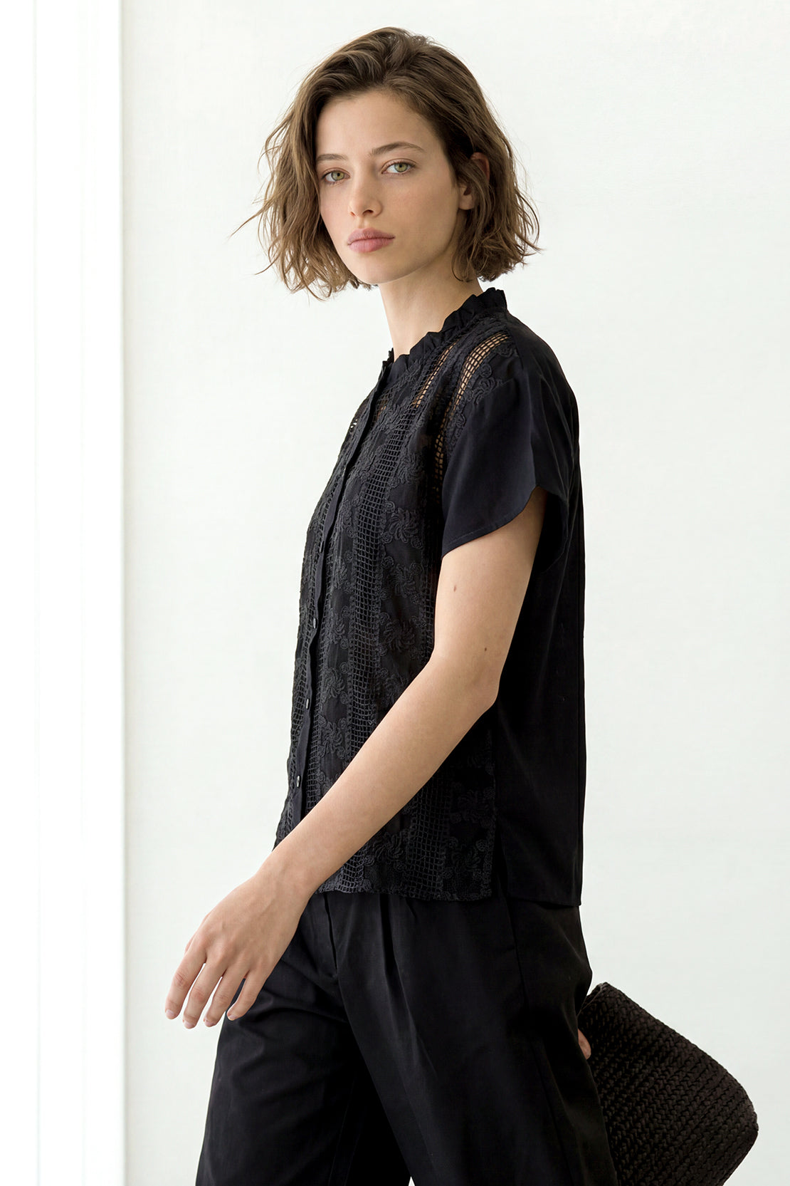 KOKO Light Weave Embellished Top – Black