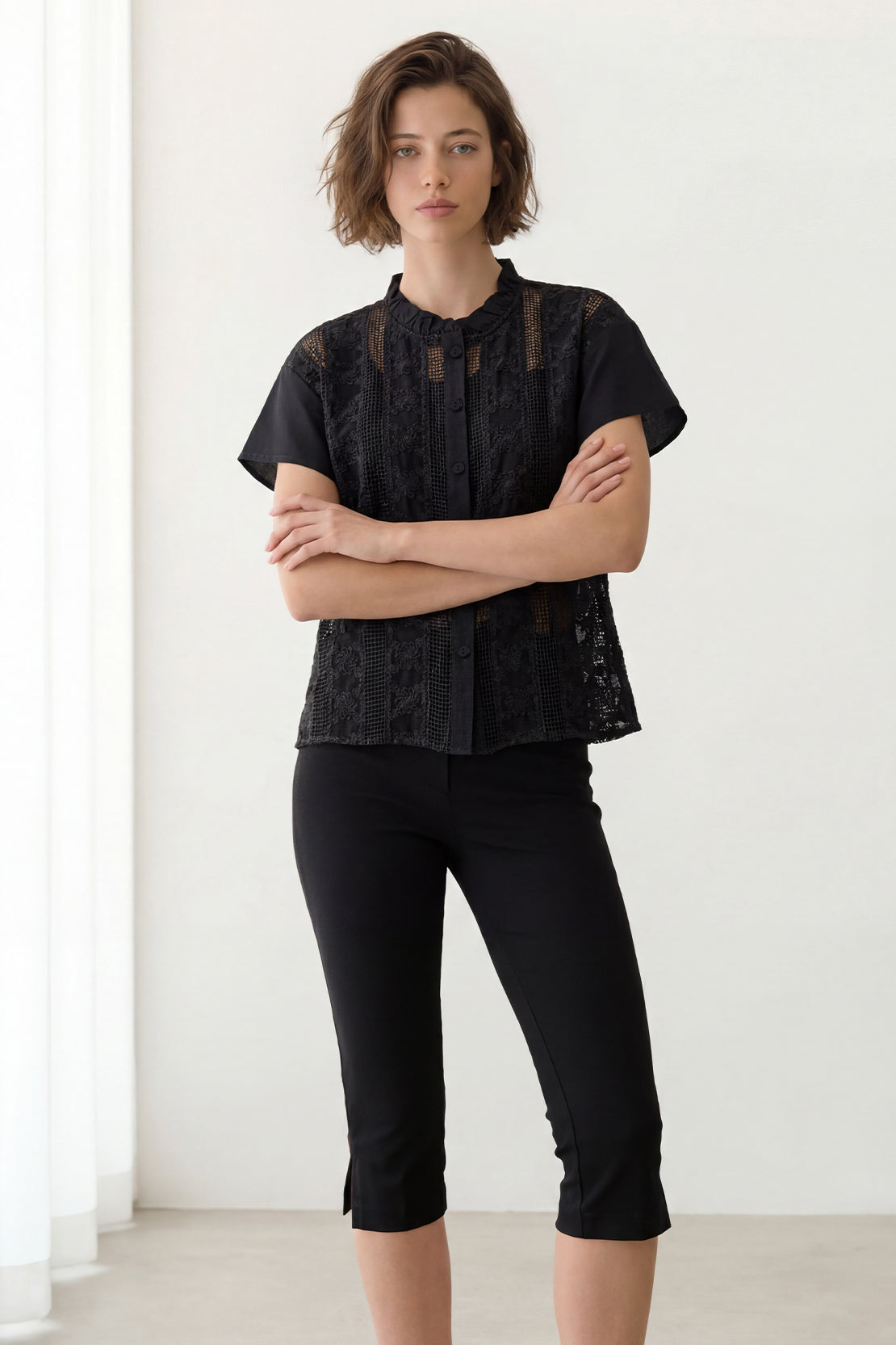 KOKO Light Weave Embellished Top – Black